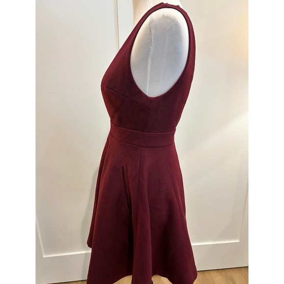 Burgundy Plunge V Neck Lace Trim Wool Dress Women's Schoolgirl Anime - Picture 7 of 9